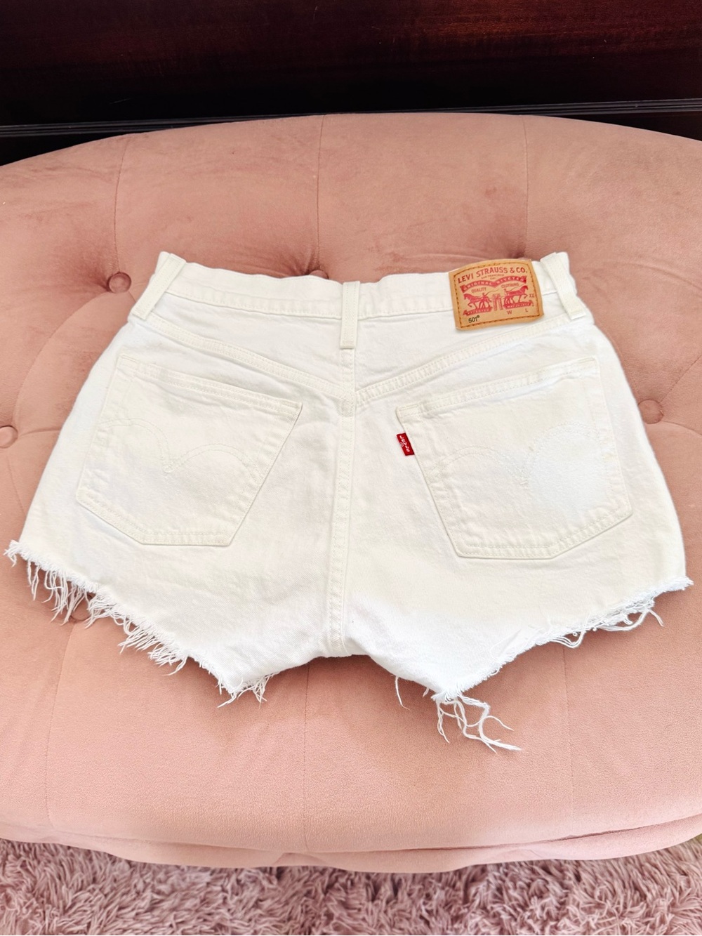 Levi's 501 White High Rise Cutoff Denim Jean Shorts with Frayed Hem Size 27